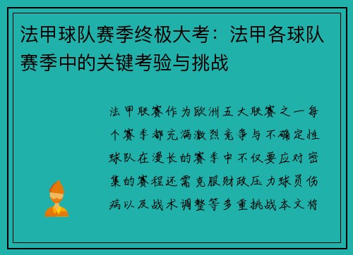 法甲球队赛季终极大考：法甲各球队赛季中的关键考验与挑战